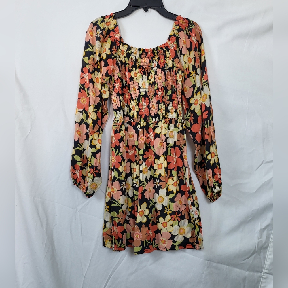 Billabong Womens Black Orange Floral Retro Inspired Long Sleeve Mini Dress Large